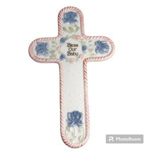 Vintage Lefton Ceramic Cross Bless Our Baby Boy Girl Shower Gift Pink Blue